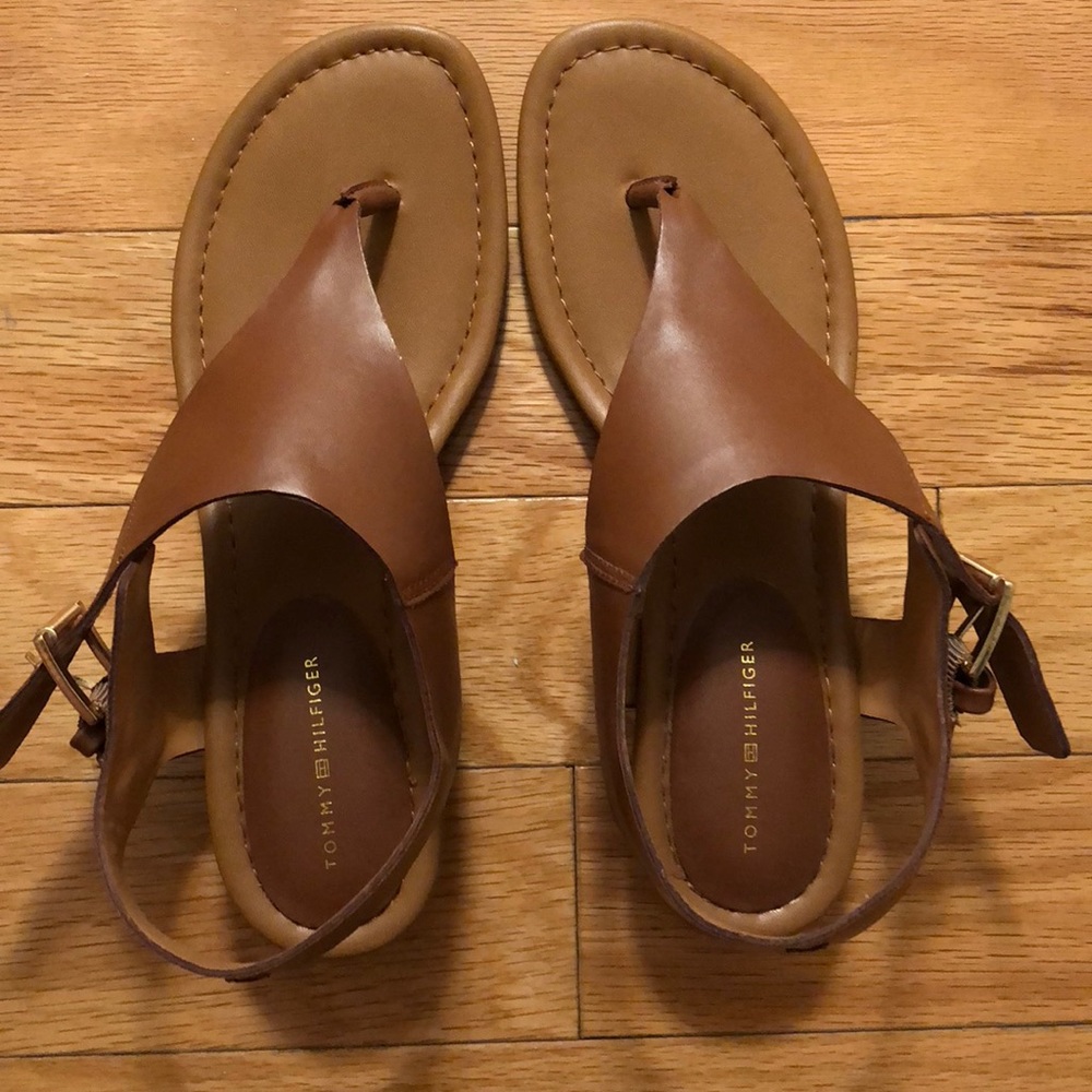 Tommy Hilfiger Brown T-strap Sandals, 1 inch heel